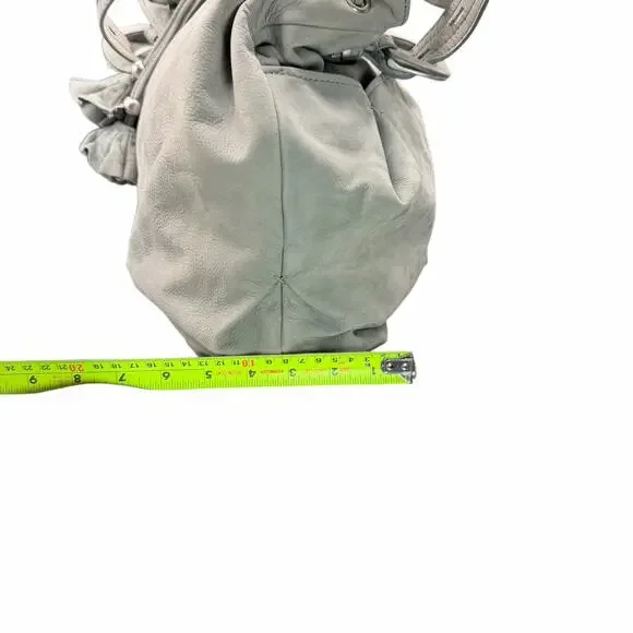 Ann Taylor LOFT Gray Leather Drawstring Shoulder Bag Tassel Slouchy Tote - Picture 10 of 13